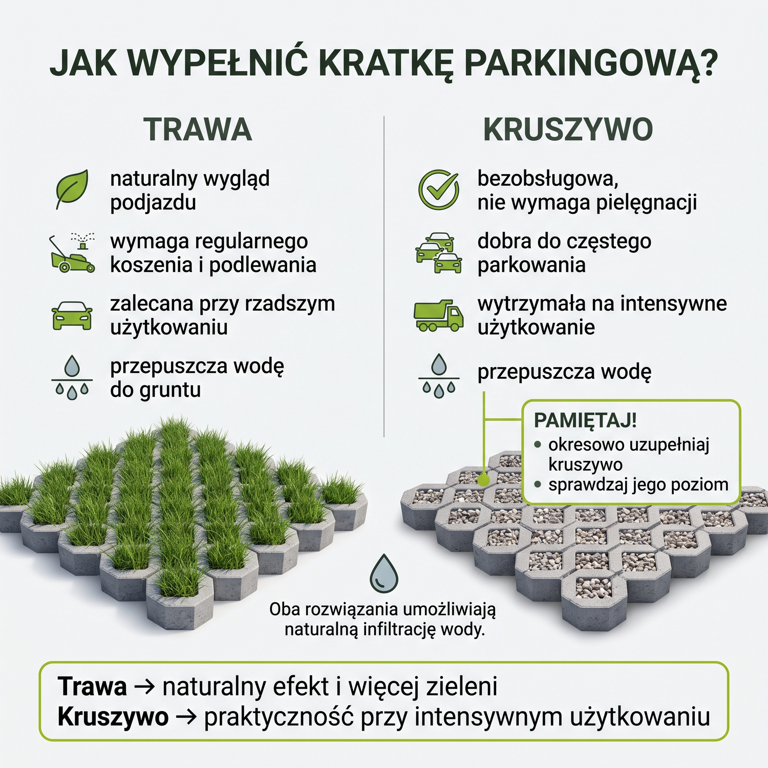 Gotowy parking z łączonym wypełnieniem: trawa w strefach bocznych i kruszywo w ciągach komunikacyjnych